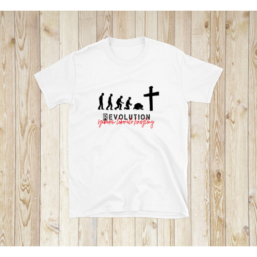„REVOLUTION – szabadon leboruló keresztény” –  Uniszex póló – húsvéti mintával – 2 színben