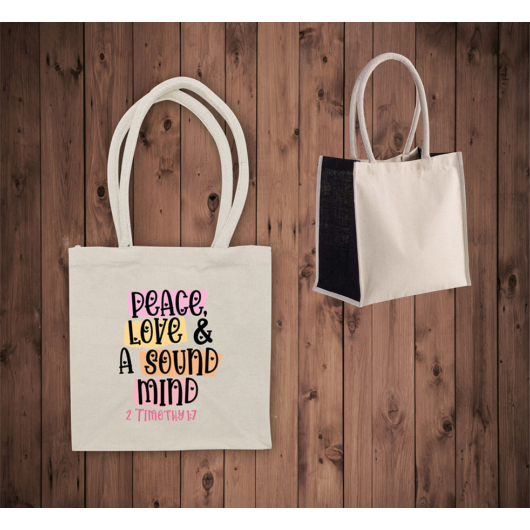 „Peace, Love  &  a Sound Mind”  – juta táska (vászon)