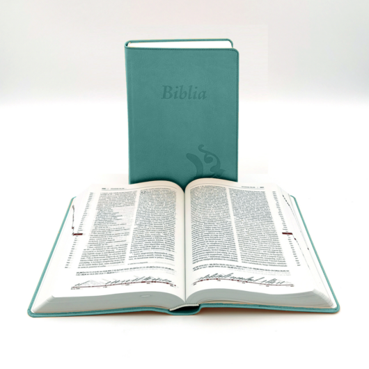 Kisméretű, varrott, türkiz Károli-Biblia 2.0