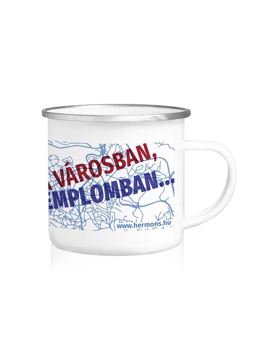 Zománcos bögre – „Ott a városban...” – kék vonalas térkép – Hermons