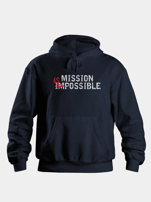 „MISSION IS POSSIBLE” – Uniszex kapucnis pulóver, sötétkék – L-es méret