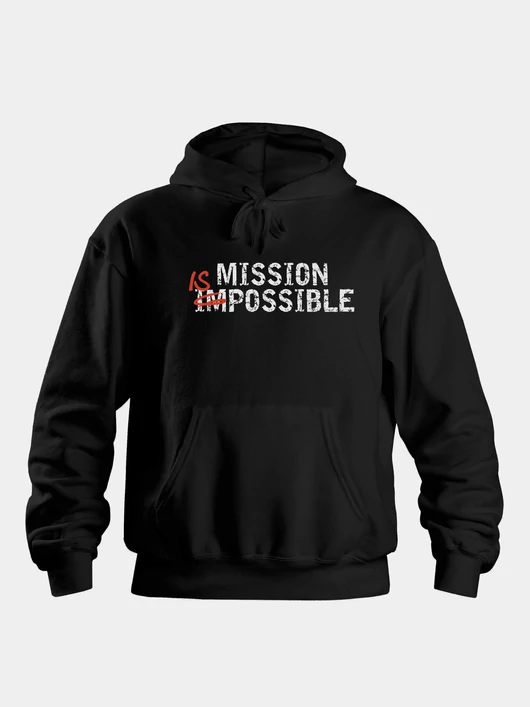 „MISSION IS POSSIBLE” – Uniszex kapucnis pulóver, fekete – XXL-es méret