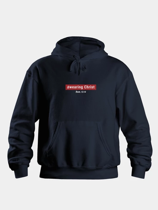 „#wearing Christ” – Uniszex kapucnis pulóver, sötétkék – M-es méret
