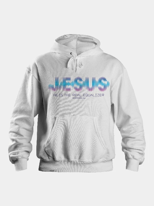 „Jesus – He is the real equaliser” – uniszex kapucnis pulóver, fehér – L-es méret