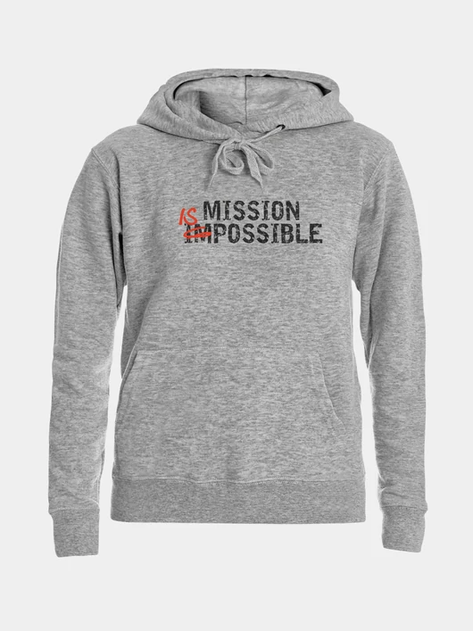 „MISSION IS POSSIBLE” – Női kapucnis pulóver, szürke – L-es méret