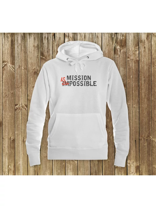 „MISSION IS POSSIBLE” – Női kapucnis pulóver, fehér – XL-es méret