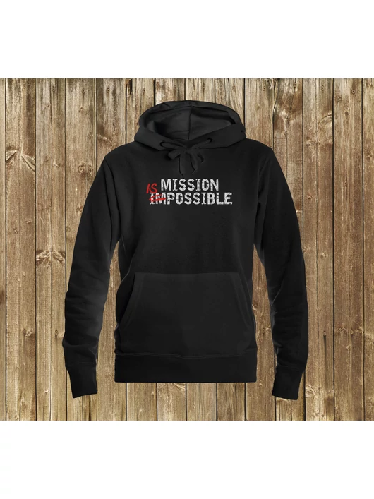 „MISSION IS POSSIBLE” – Női kapucnis pulóver, fekete – S-es méret