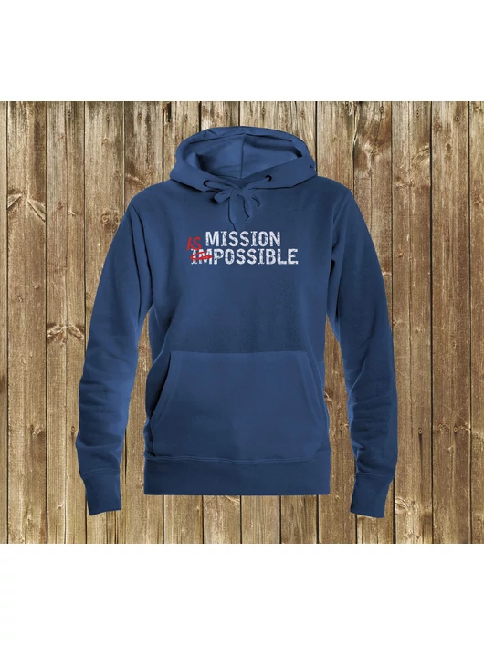 „MISSION IS POSSIBLE” – Női kapucnis pulóver, középkék – XL-es méret