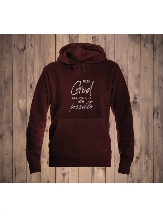 „With God All Things Are Possible”– Női kapucnis pulóver, bordó – XL-es méret