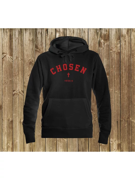„Chosen” – keresztminta – női kapucnis pulóver, fekete – S-es méret