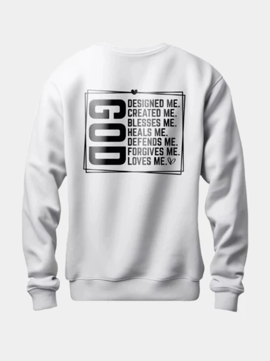 GOD designed me, created me... – uniszex kereknyakú pulóver, fehér