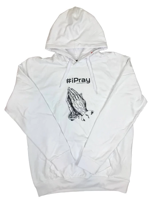 „#iPray” – Uniszex kapucnis pulóver, egy imádkozó kéz mintájával – M-es méret