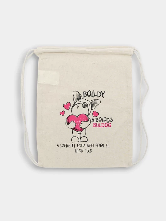 „A szeretet soha nem fogy el” – Bolldy, a boldog buldog – Natúr színű tornazsák