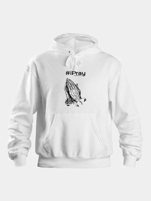 „#iPray” – Uniszex kapucnis pulóver, egy imádkozó kéz mintájával – M-es méret