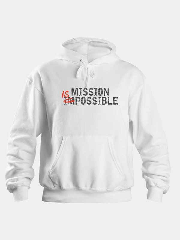 „MISSION IS POSSIBLE” – Uniszex kapucnis pulóver, fehér – M-es méret