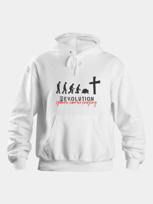 „REVOLUTION – szabadon leboruló keresztény” – Uniszex kapucnis pulóver, fehér – XL-es méret