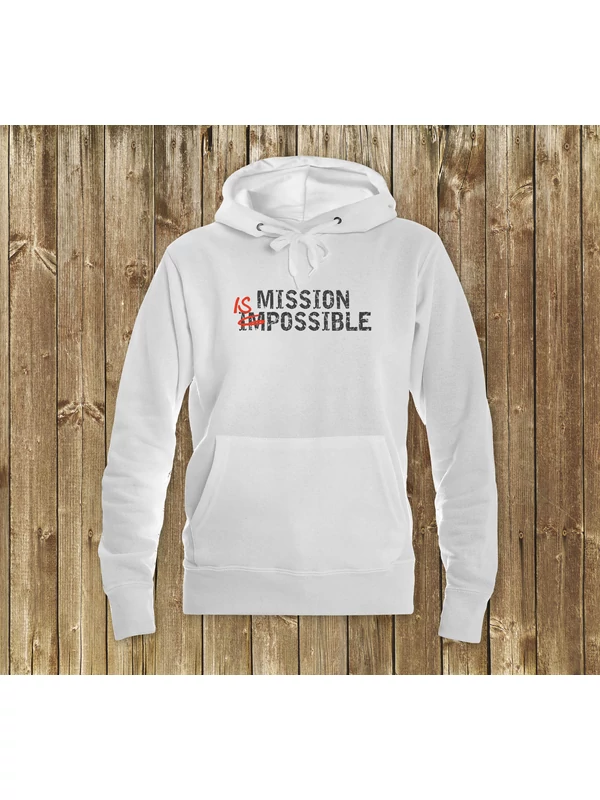 „MISSION IS POSSIBLE” – Női kapucnis pulóver, fehér – XL-es méret