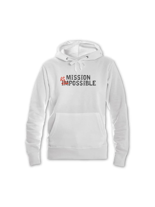 „MISSION IS POSSIBLE” – Női kapucnis pulóver, fehér – L-es méret