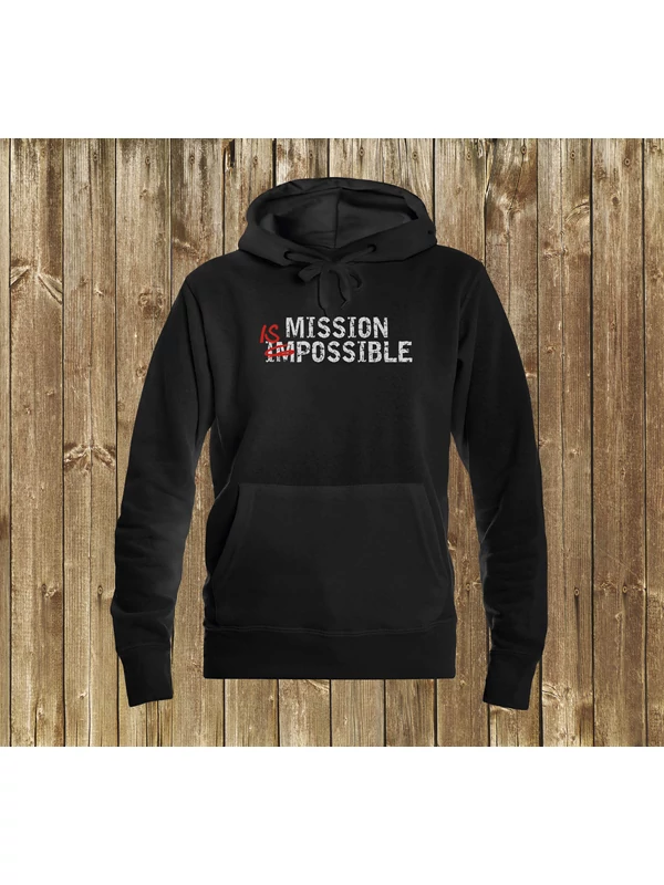 „MISSION IS POSSIBLE” – Női kapucnis pulóver, fekete – S-es méret