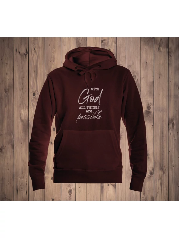 „With God All Things Are Possible”– Női kapucnis pulóver, bordó – XL-es méret