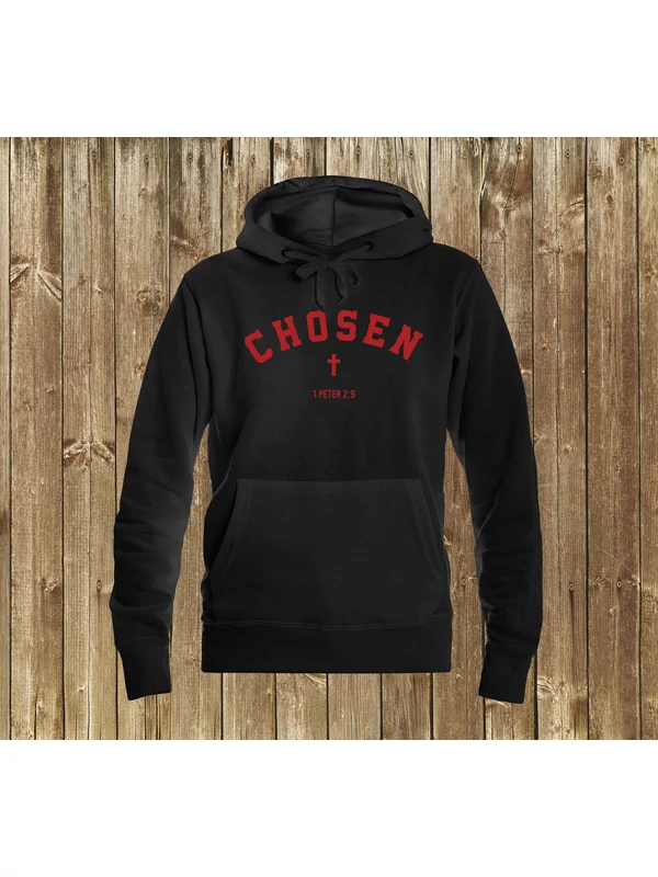 „Chosen” – keresztminta – női kapucnis pulóver, fekete – S-es méret