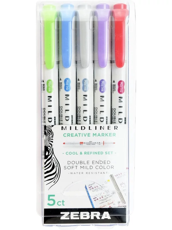 Szövegkiemelő, kétvégű – Zebra Mildliner Cool & Refined, 1,0-3,5 mm – 5 db/készlet