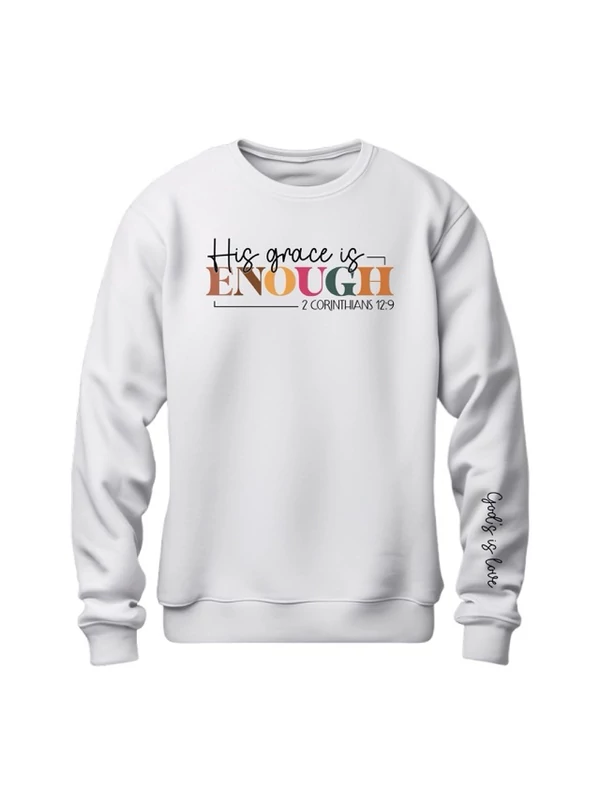 His grace is enough – uniszex kereknyakú pulóver, fehér – L-es méret