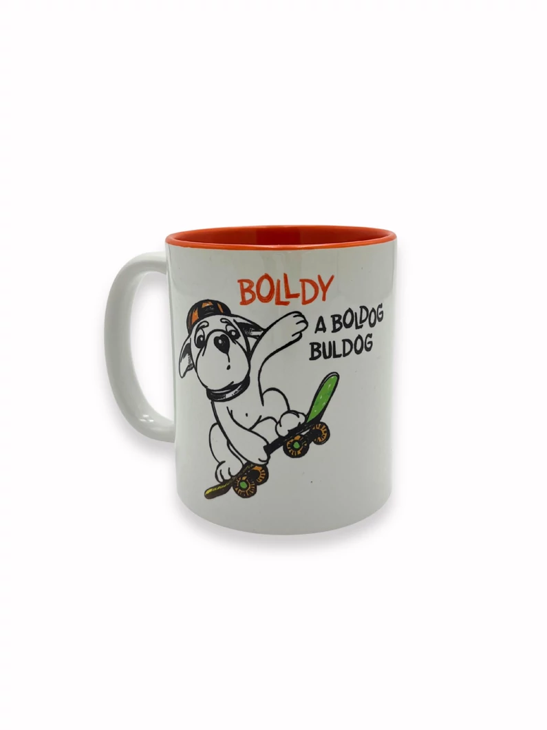 Istenemmel a kőfalon is átugrom – Bolldy, a boldog bulldog – bögre narancssárga belsővel