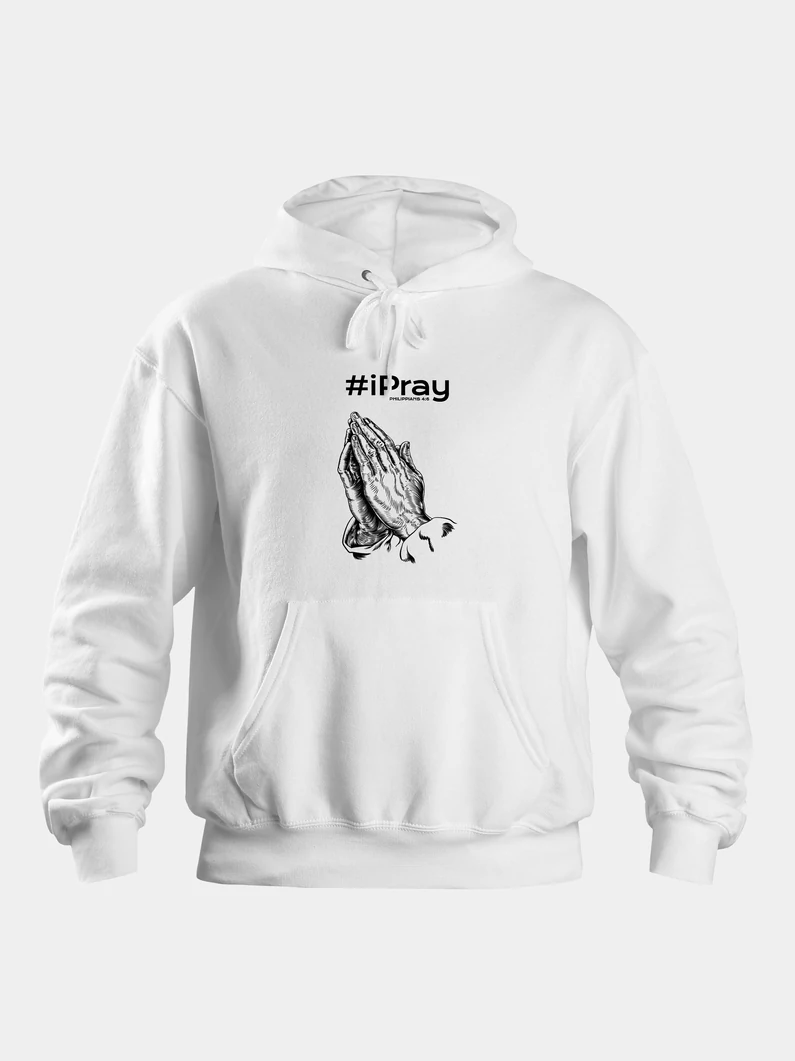 „#iPray” – Uniszex kapucnis pulóver, egy imádkozó kéz mintájával – M-es méret