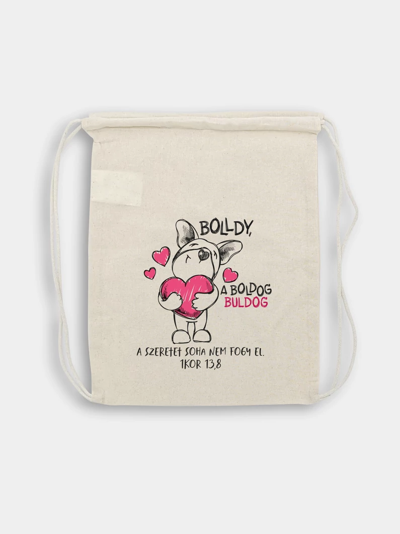 „A szeretet soha nem fogy el” – Bolldy, a boldog bulldog – Natúr színű tornazsák